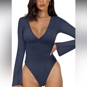 Elegant Deep Blue V-Neck Bodysuit